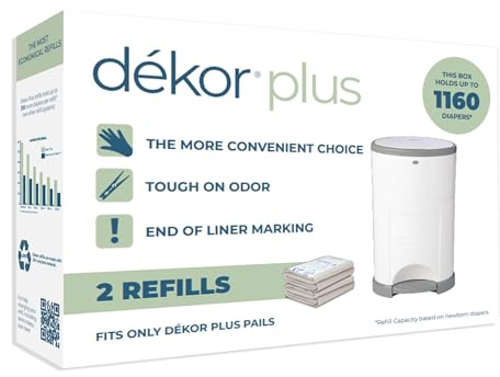 Diaper Dekor Plus Diaper Pail Refills | 2 Count | Most Economical Refill System | Quick & Easy to Replace | No Preset Bag Size Use Only What You Need | Exclusive End-of-Liner Marking