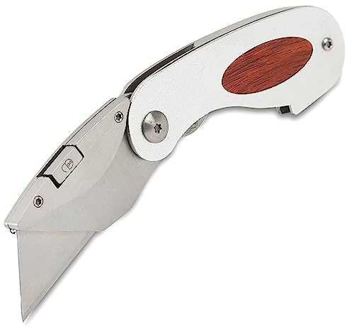 Sheffield Folding Utility Knife, Accepts Standard Utility Knife Blades, Box Cutter Aluminum Handle, Attractive Wood Finish, For Home, Office, Trades, and Warehouse