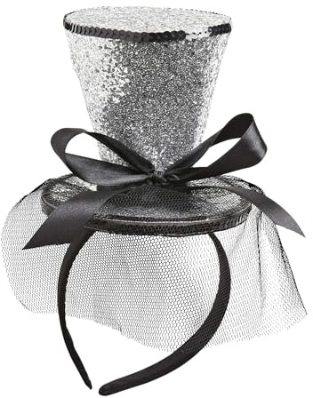 W WIDMANN MILANO Party Fashion - Haarreif Mini Zylinder Glitter | Mit Schleife und Schleier für Karneval, Burlesque, Silvester und Mottoparty