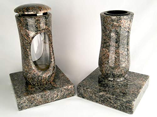 designgrab Set Grablampe Design-Small 27 cm & Vase Taille Medium mit Sockel aus Granit Himalaya – rot-grau-schwarz, elegant & witterungsfest