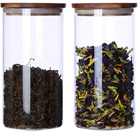 KKC HOME ACCENTS Glass Tea Canisters for Loose Leaf Tea,Airtight Glass Containers with Wood Lids,39 Fl oz