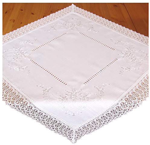heimtexland ® Mitteldecke Macramé Spitze weiß Landhaus Bestickt 110x110 Makramee Borte Tischdecke ÖKOTEX Typ525