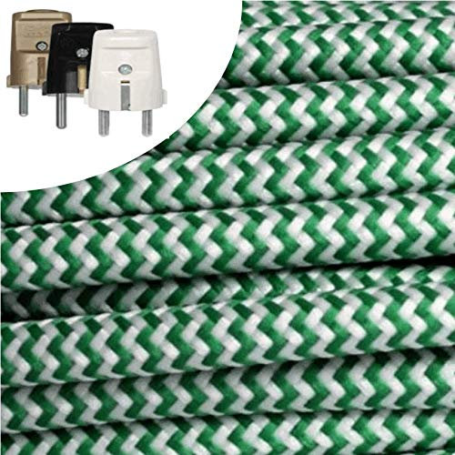 Textilkabel, Stoffkabel, Verlängerung 5 METER Farbe Grün/ZickZack 3 adrig 3 x 0,75 mm² rund wahlweise mit Schukostecker (5 mtr. Schukostecker Standard gold)