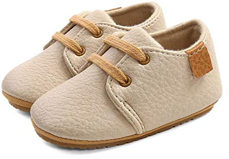 LACOFIA Zapatos Oxford con Cordones para Bebé Niños Zapatillas Primeros Pasos Antideslizantes para Bebés Beige 12-18 Meses
