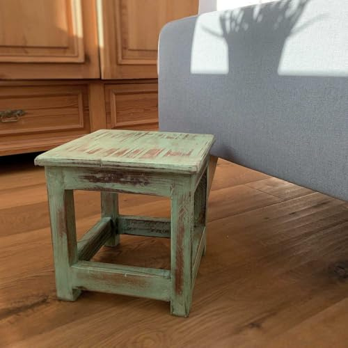 LS-LebenStil Vintage Holz Hocker - Mumbai - Teakholz - Massiv - Rustikal - Shabby Türkis - 26x25cm Schemel Fußbank Bänkchen Fußhocker Tritthocker Blumenhocker Pflanzenhocker Beistellhocker