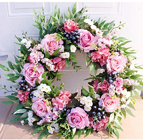 Jorzer Deko Kranz Kunstrose Blumenkranz 56cm Türkranz mit grünen Blättern Handgefertigt für Outdoor und Indoor Dekoration für Frühling und Sommer All Seasons Blumenkranz Runde