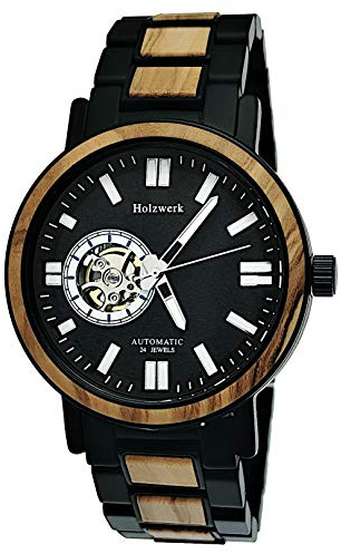 Holzwerk Germany Handgefertigte Automatik Herren-Uhr Öko Natur Holz-Uhr Holz Armband-Uhr Braun Schwarz Blau
