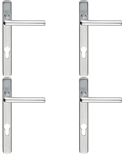 4 Pack | Straight Lever on Narrow Euro Lock Backplate - 220 x 26mm - Satin Chrome | Front Door Lever on Backplate Door Handle - Designer Interior/Exterior Handle - Front and Back Door Hardware Set
