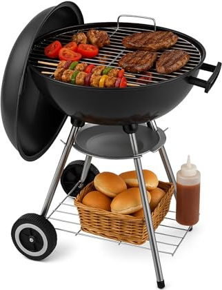 Parrilla de carbón portátil de 18 pulgadas con ruedas para cocinar al aire libre, barbacoa, camping, barbacoa, parrilla de carbón, redonda resistente con ruedas gruesas para patio pequeño