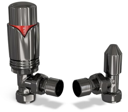 UK Radiators Thermostatic Radiator Valve 1/2 x 15mm - Derry Bold TRV | Polished Black Nickel Finish - Solid Brass 1/2 x 15mm Angled - Lockshield Included, Easy Installation