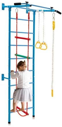 LIFEZEAL scala da arrampicata per bambini con barra di trazione, anelli, scala di corda, altalene, parete da arrampicata per la stanza dei bambini, parete ginnica con struttura da arrampicata (blu)