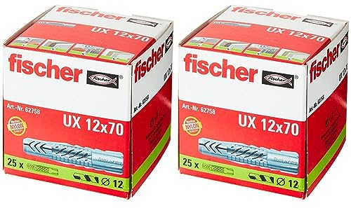 FISCHER 62758 Universaldübel UX 12 x 70, Schachtel mit 25 Nylondübeln, Allzweckdübel ohne Rand, für optimalen Halt bei Befestigungen in Beton, Gipskarton, Kalksand-Lochstein UVM. (Packung mit 2)