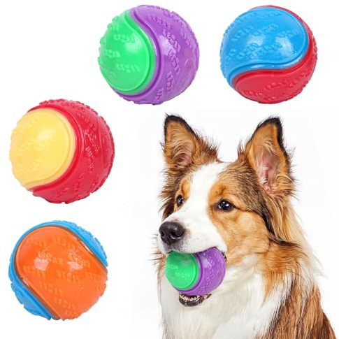 4Pcs Squeaky Rubber Chew Balls - Teeth Cleaning Toys for Puppy, Large & Medium Dogs, Interactive Bouncy Ball for Relieving Anxiety & Boredom Training (4 Colors)