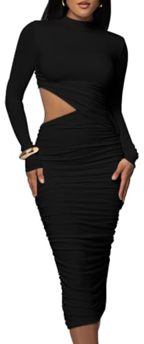 LAGSHIAN Women Sexy Long Sleeve Mock Neck One Piece Cutout Ruched Bodycon Midi Party Dress Black