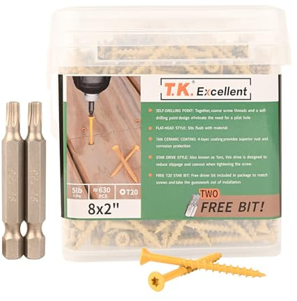 T.K.Excellent Deck Screws 2 Inch Wood Screws #8 x 2, 630 Pcs, Rust Resistant Structural Screw Fence Screw Torx Drive Screws, Two T20 Bits, Brilliant Yellow Ruspert Coating Rust Proof