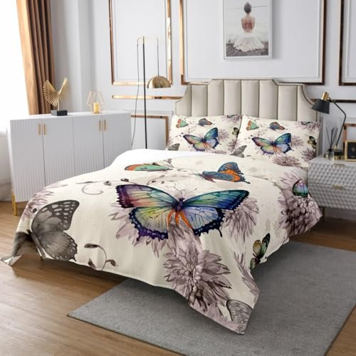 Homewish Dessus de Lit Papillon pour Filles Femmes - Couvre-Lit 2 Personnes 260x240 cm - Couverture de Lit Fleurs Aquarelles - Jetés de Lit Papillons Colorés - Couette Fleuri Vintage Léger