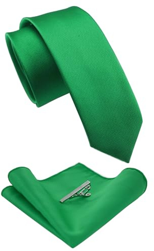 JEMYGINS smala män slips och näsduk slipsklämma set 6 cm, Grön, M