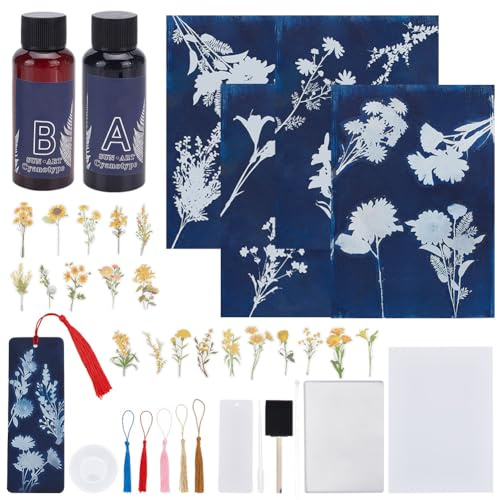 WEBEEDY 62 Stück Cyanotypie Papier Kit Sonnendruckpapier Kit Sonnenblume Gänseblümchen Sonnenkunstpapiere, Blumen Hochsensible Cyanotypie Papiere Naturdruckpapier Set Für DIY Bastelprojekte