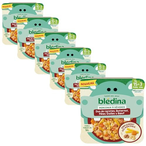 Blédina Morceaux à Dévorer - Petits Plats Bébé - Duo de Carottes; Butternut; Pâtes Etoiles et Bœuf - Dès 15 Mois - 6 Assiettes de 200g