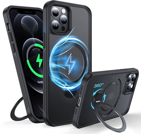FNDMIL für iPhone 12 Pro Max Hülle mit 360° Magnetische Ständer [Kompatibel mit MagSafe] [Militär Schutz] [Rutschfester Stoßfänger] Durchscheinende Matt Handyhülle, Dunkel Schwarz
