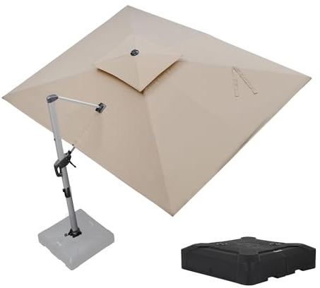 PURPLE LEAF Parasol Déporté 2,7 x 3,65 m Rectangulaire avec Pied, Parasol de Jardin Extérieur à Toit Double Rotatif 360°, Anti-UV, Convient au Patio, Piscines, Cafés et Restaurants, Beige