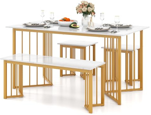 COSTWAY Dining Table and 2 Stools Set with 1 Bench, Kitchen Table and Chairs Set of 4 with Marble Grain & Wing-shaped Metal Legs, Modern Dining Room Furniture for Home Restaurant