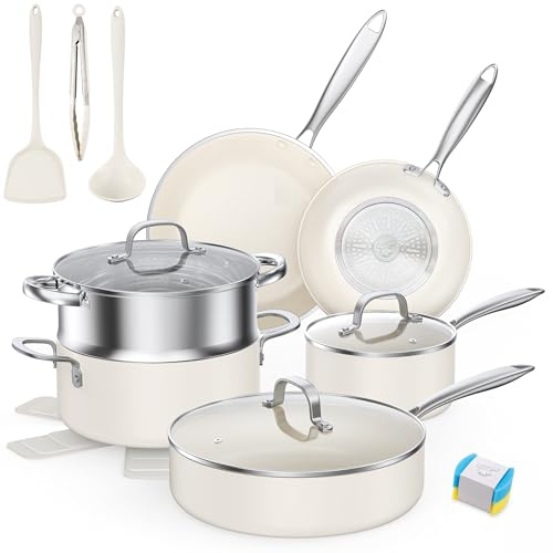 PekGema Ceramic Pots and Pans Set, 16 Pcs Cookware Set Non Toxic, Nonstick Kitchen Cookware, Oven Safe Cooking Pan Set, PFAS PTFE PFOA FREE,Compatible with All Cooktops, comfortable handle.Cream White