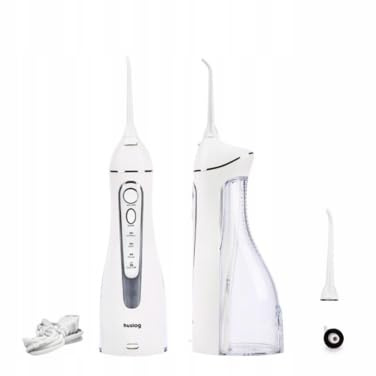 Huslog Munddusche Kabellos, Tragbar Elektrischer Zahnreiniger mit 4 Modi & 2 Düsen, 150 ml Wassertank, IPX7 Wasserdicht, 10–90 PSI Water Flosser für Zahnspangen und Brücken, Weiß