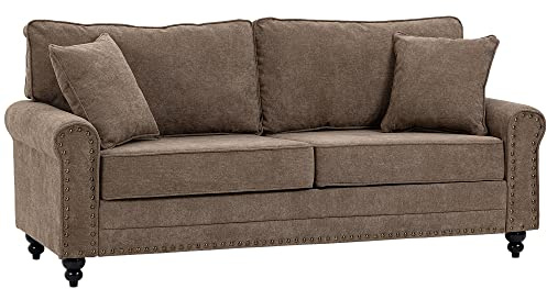 HOMCOM 196cm 3 Seater Sofa, Fabric Sofa with Rubber Wood Legs, Nailhead Trim, 2 Pillows, Small Upholstered Couch Settee for Living Room, Guest Room, Brown