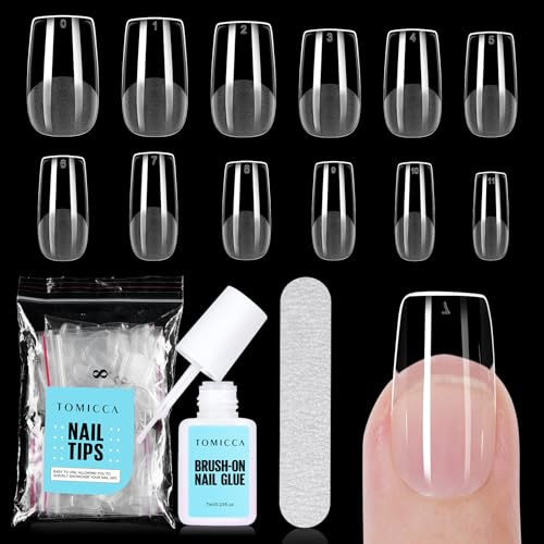 TOMICCA Kit Capsule Americaine Ongle, 240 Pièces Carré Court Capsules Ongles, Colle Faux Ongles Extra Forte, Pose Americaine Capsule Pour DIY Nail Art, 12 Tailles