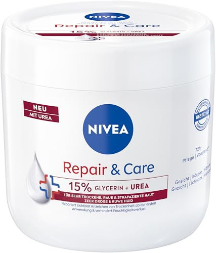 NIVEA Crème Repair & Care à la glycérine + urée, lotion corporelle intensément nourrissante pour 72 h d'hydratation, à absorption rapide pour les peaux très sèches, rugueuses et sollicitées (400 ml)