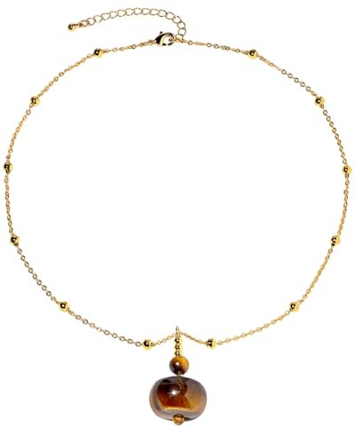 Jewboo Spiritual Yellow Tiger's Eye Stone Pendant Necklace 14k Gold Plated Ball Chain Necklaces for Women Trendy Choker Positive Energy Wealth Jewelry