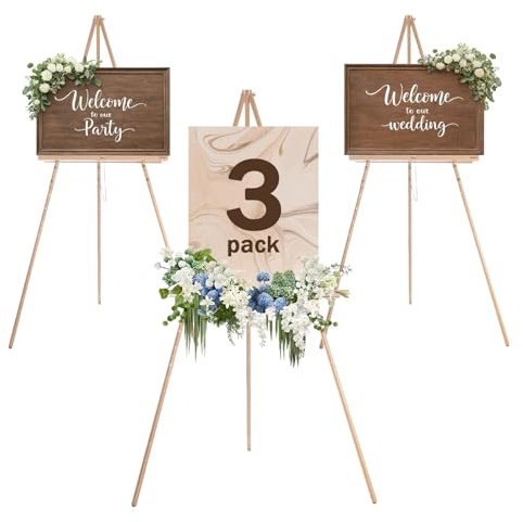 DJAR 3 Pcs 63 Wooden Easel Stand for Sign, Dual-use Adjustable Height, Wood Floor Display Easel for Wedding, Welcome Board, Poster, Picture, Photo- Natural