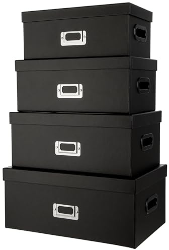 Hollyone 4er Set Aufbewahrungsboxen mit Deckel Karton Dekorative Boxen mit Grifföffnungen Rechteckige Stapelbaren Aufbewahrungsbox-Set für Bücher, Kleidung, Organisation zu Hause