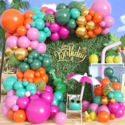 Tropical Balloons Arch Kit, Hawaiian Balloon Garland Arch Kit, Hot Pink Green Orange Balloon For Tropical Flamingo Hawaiian Summer Beach Theme Birthday Party Bachelorette Wedding Decorations