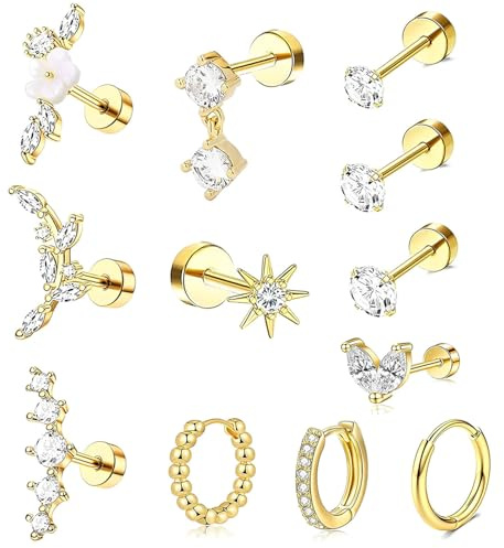 CUEMOON 12 st piercingar kirurgiskt stål örhängen, örhängen för kvinnor örhängen guld silver kreoler, öronpiercing örhängen brosk set Helix Tragus piercing öronsmycke, wie auf dem Bild gezeig