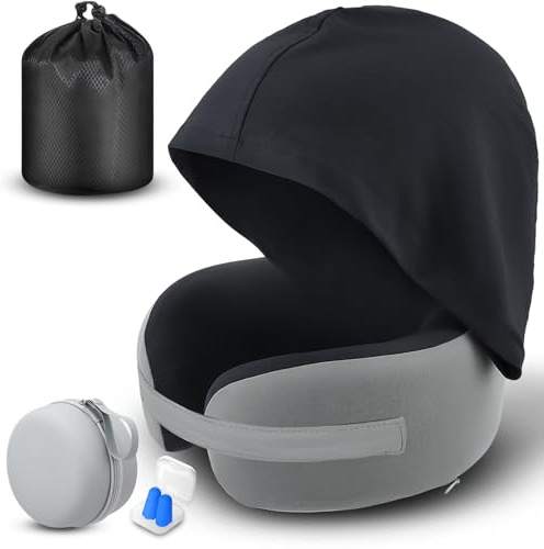 HuuppHip Coussin de Voyage,Oreiller Cervical Portable Oreiller de Voyage à Mémoire de Forme,Coussin Tour de Cou avec Capuche pour Avion,Voiture,Train,Bureau
