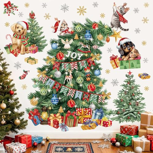 wondever Adesivi Murali Albero di Natale Adesivi Parete Cane Gatti Gattino | Sticker da Muro Autoadesivo, Stacca e Attacca, Rimovibile, Decorazioni per Camera da Letto Soggiorno Ufficio TV Sfondo