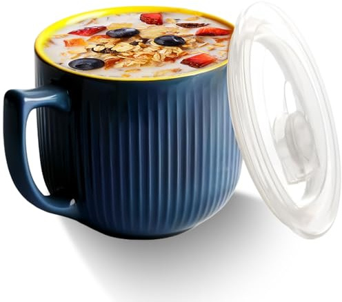 Cuenco de cerámica con asa, 900 ml, tazas de sopa para microondas con tapa, cuenco de ramen, taza de café grande para almuerzo, pasta, fruta, cereales (gris)