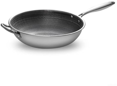 Zilimontt Wok in acciaio inox con coperchio, 30 cm, 32 cm, 34 cm, padella da cucina professionale antiaderente per fornelli a gas, per friggere e friggere (32 cm)