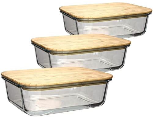 SUSTANIA Vorratsbehälter Glas 3er Set 1500ml - Rechteckige Glasbehälter mit Bambusdeckel 22x16,5x7,2cm - Aufbewahrungsbehälter für Küche