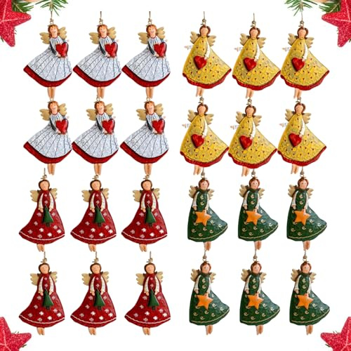 24 Ciondoli a Forma di Angelo in Legno per Albero di Natale, Modello Double-Face con Cordino Legato - Decorazione Albero di Natale per Finestre e Ciondolo Angelo Natalizio (Set-B)