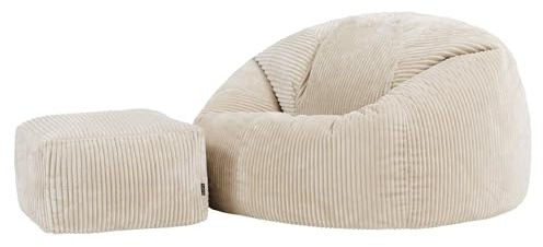 Icon Kingston XXL Sitzsack Cord und Hocker mit Füllung, Beige | In Deutschland Hergestellt, Sitzsack Erwachsene, Weicher Cordstoff, Sitzsack Sessel für Wohnzimmer und Schlafzimmer