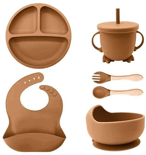 Eliano Set di stoviglie per bambini in silicone sicuro e antiscivolo, 6 pezzi, perfetto per l'assunzione di cibo e per imparare a mangiare da soli, adatti al microonde e alla lavastoviglie (arancione)
