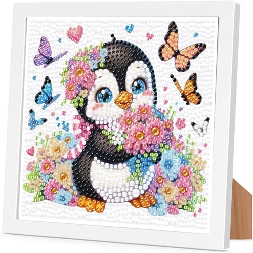 Arttoplus Diamond Painting mit Rahmen Pinguin, Diamond Painting Pinguin, 5D Diamant Malerei Set zur Geschenk und Heimdekoration (18x18 cm)