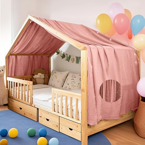 FloraVigo Home Bettbezug mit Goldener Applikation, handgefertigt aus 100% Baumwoll-Musselin, Stoffhimmel für die Hausbett-Dekoration, geeignet für Mädchen und Jungen (Altrosa, 132 x 320 cm)