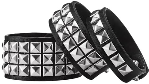 kcrnw 3Pcs Black Leather Punk Studded Bracelets Gothic Cuff Wristbands