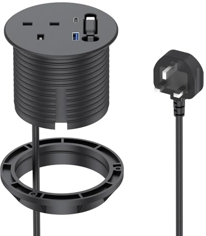 80mm Recessed Power Socket, BQO PD20W USB‑C Retractable Port | 2 USB Ports,2M Cable, Recessed Extension Lead for Home Office, Black