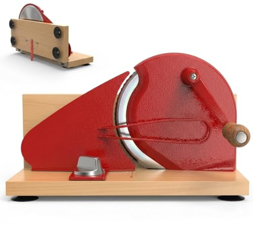 Brotschneidemaschine klappbar manuell Rot | Platzsparend, Allesschneider, Echtholz, Retro Design, Stylische Schneidemaschine