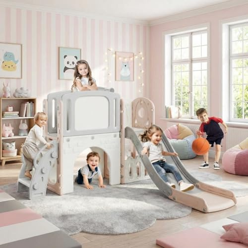 8-in-1 Kinderrutsche Indoor & Outdoor – Multifunktions Spielset Mit Klettergerüst, Basketballkorb, Teleskop, Tunnel Und Stauraum Für Kinder Ab 1 Jahr, Sicher & Stabil, Rosa